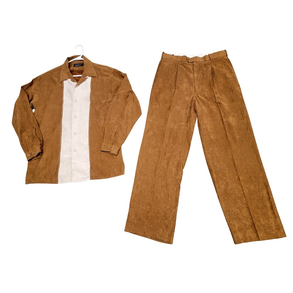 Vintage Pronti 2 Piece Mens Large Shirt 32x33 Pants Brown Suede Hippie Pleated